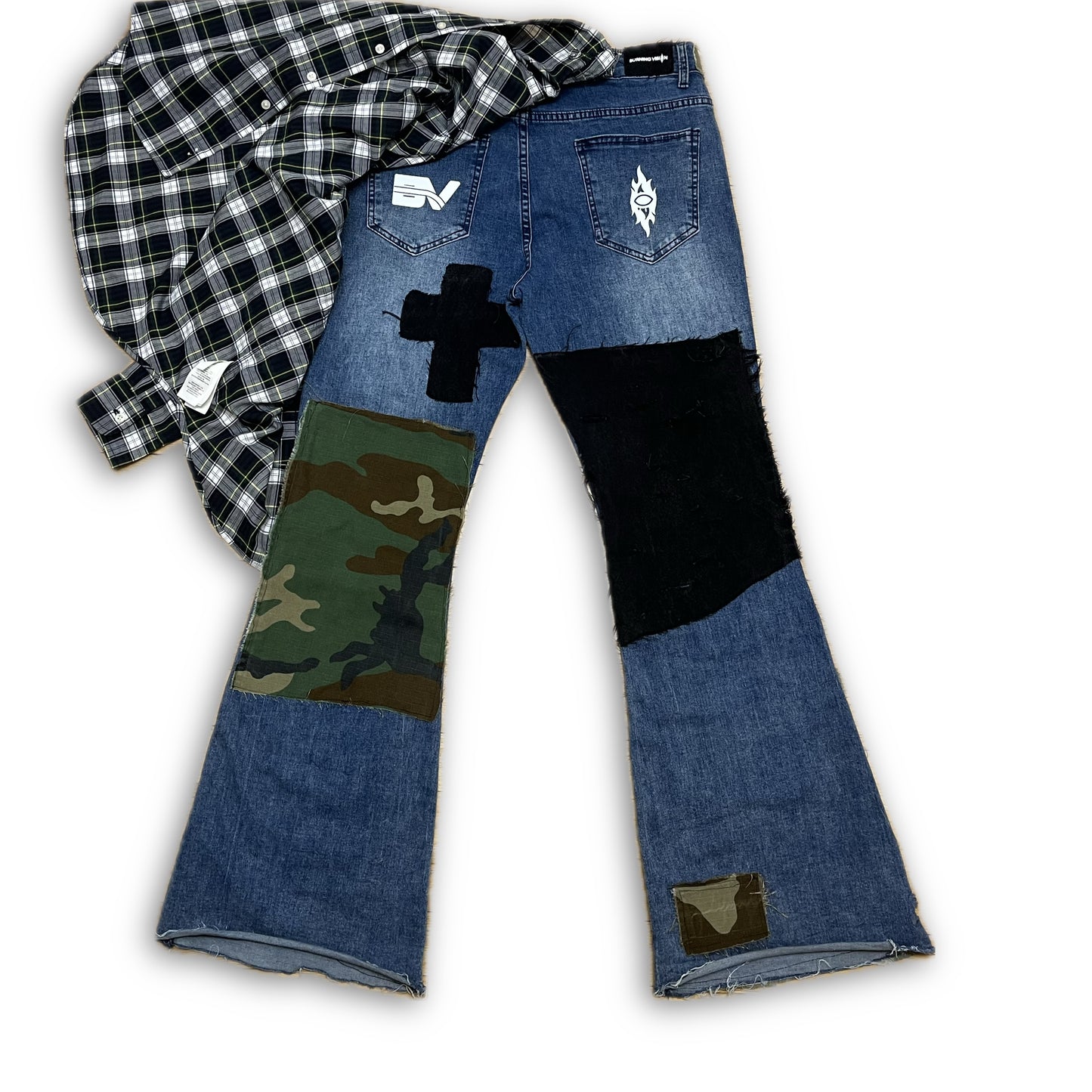Burning Vision Camo Patchwork Plaid Kilted Flared Denim