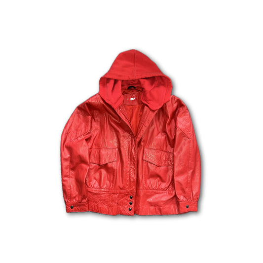 BV Red Hooded Reworked Leather Jacket