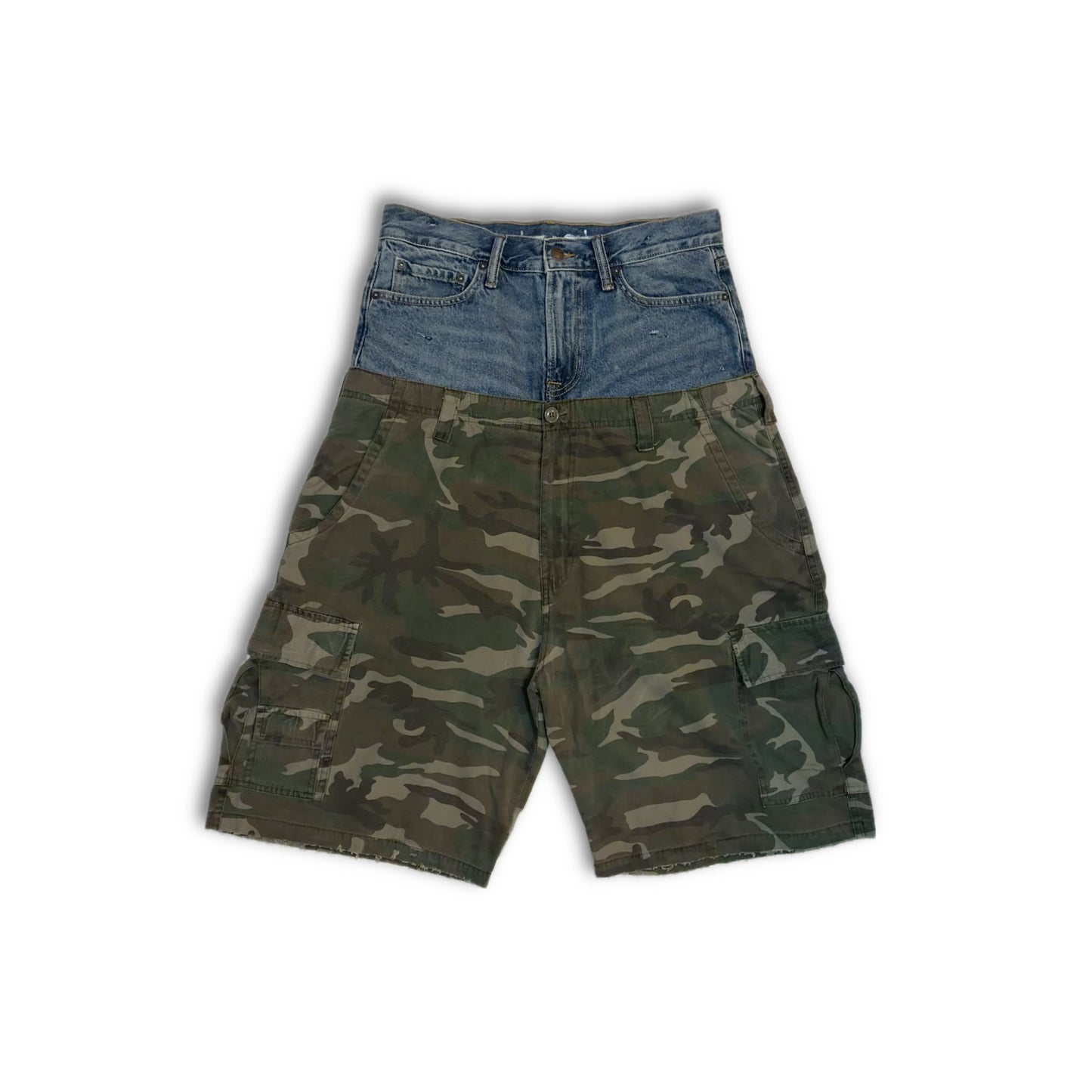 Burning Vision Upcycled Double-Waisted Denim/Camo Cargo Shorts