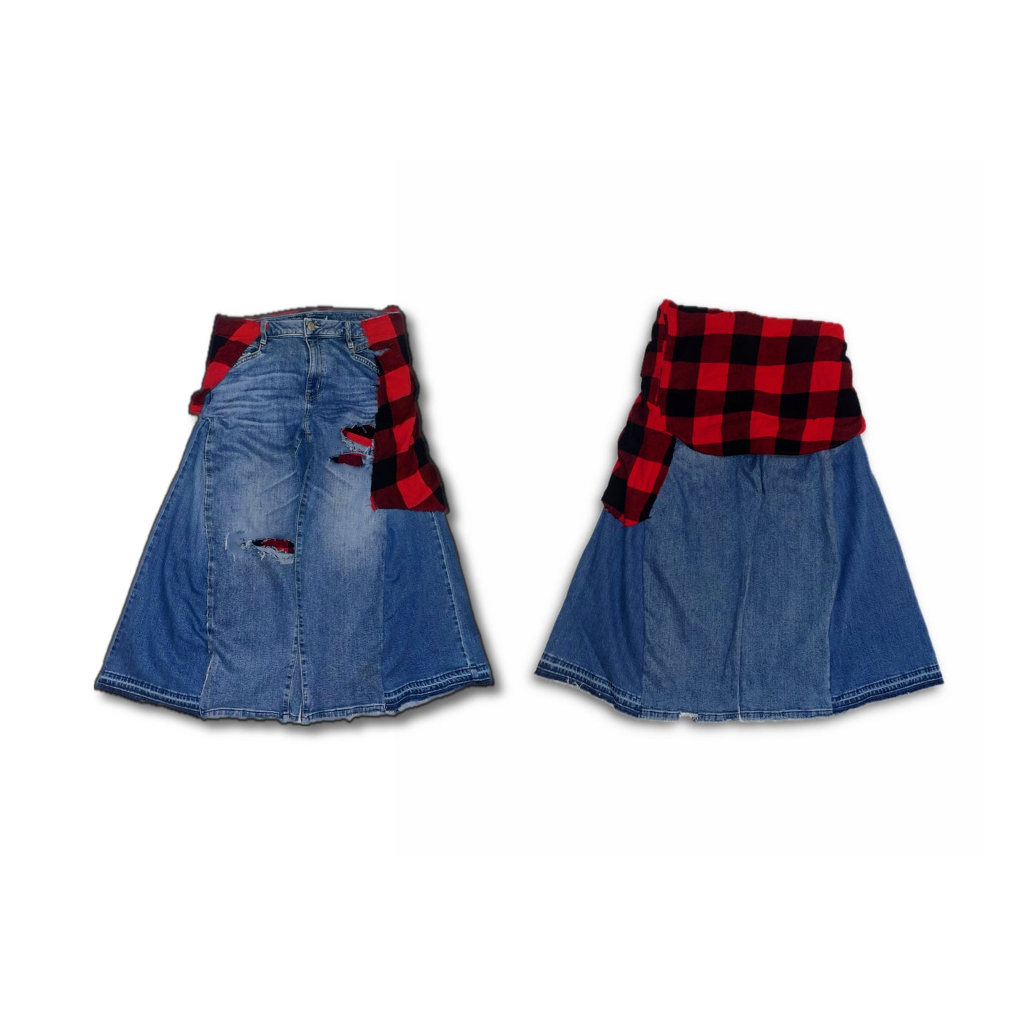 BV Red & Blk Plaid Kilted Distressed Baggy Denim