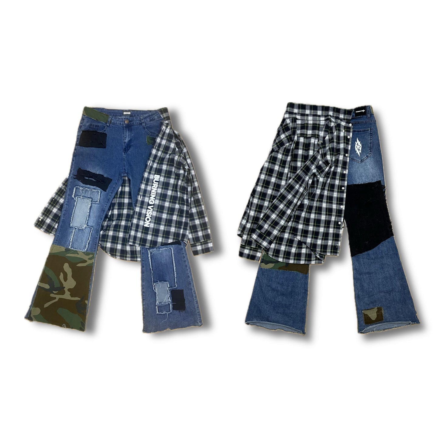 Burning Vision Camo Patchwork Plaid Kilted Flared Denim