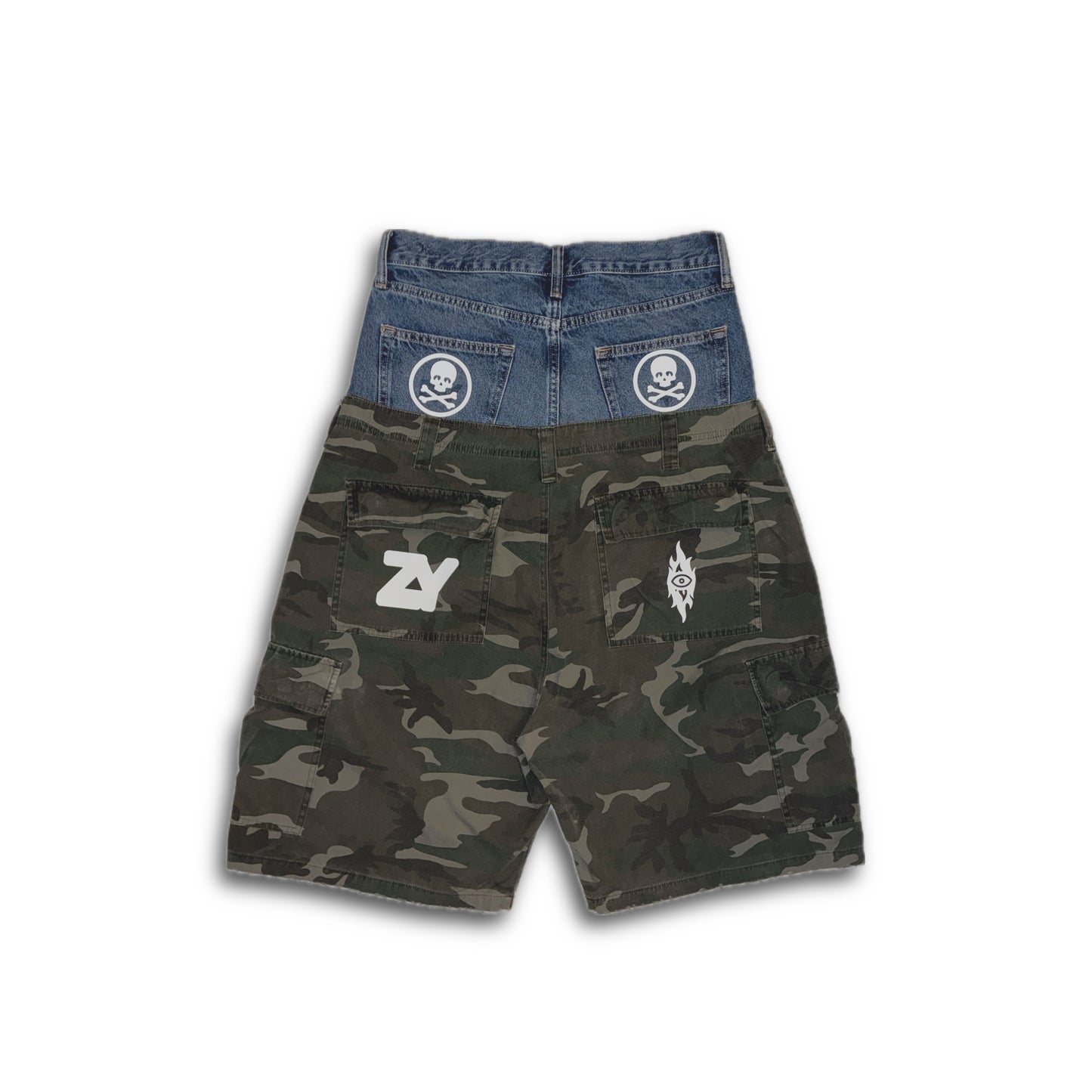 Burning Vision Upcycled Double-Waisted Denim/Camo Cargo Shorts