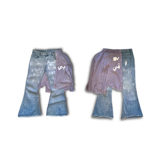 BV 'Arabic Lettering' Plaid Kilted Flared Denim