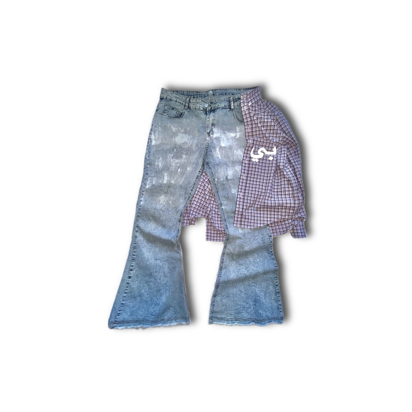 BV 'Arabic Lettering' Plaid Kilted Flared Denim