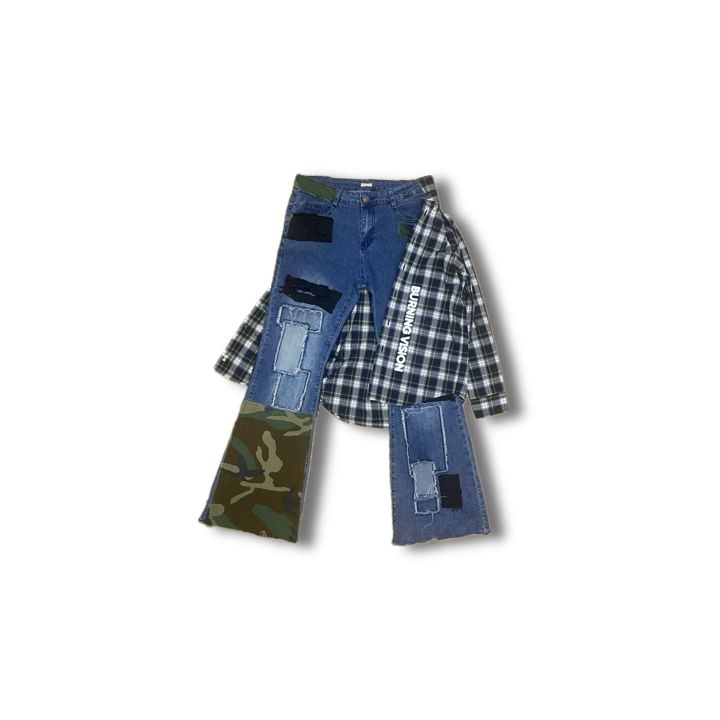 Burning Vision Camo Patchwork Plaid Kilted Flared Denim