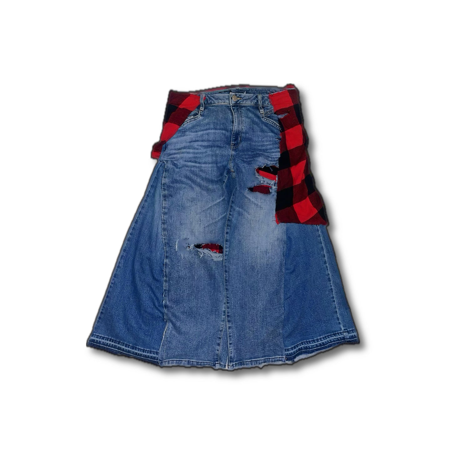 BV Red & Blk Plaid Kilted Distressed Baggy Denim