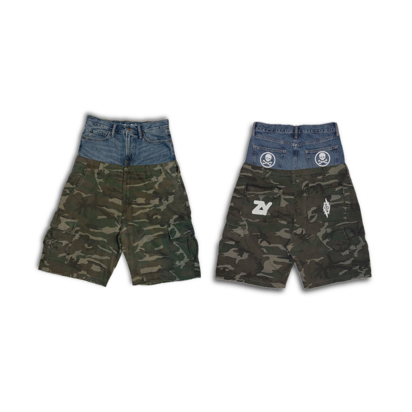 Burning Vision Upcycled Double-Waisted Denim/Camo Cargo Shorts
