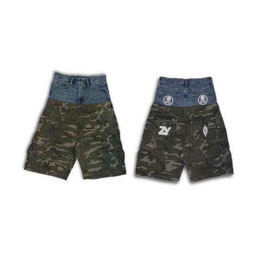 Burning Vision Upcycled Double-Waisted Denim/Camo Cargo Shorts