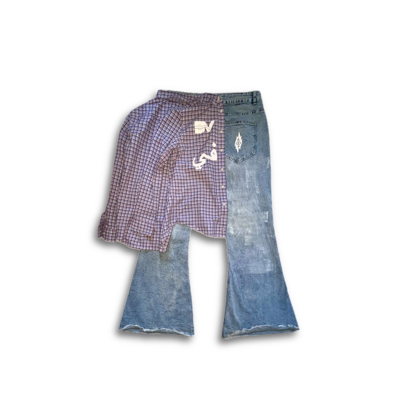 BV 'Arabic Lettering' Plaid Kilted Flared Denim