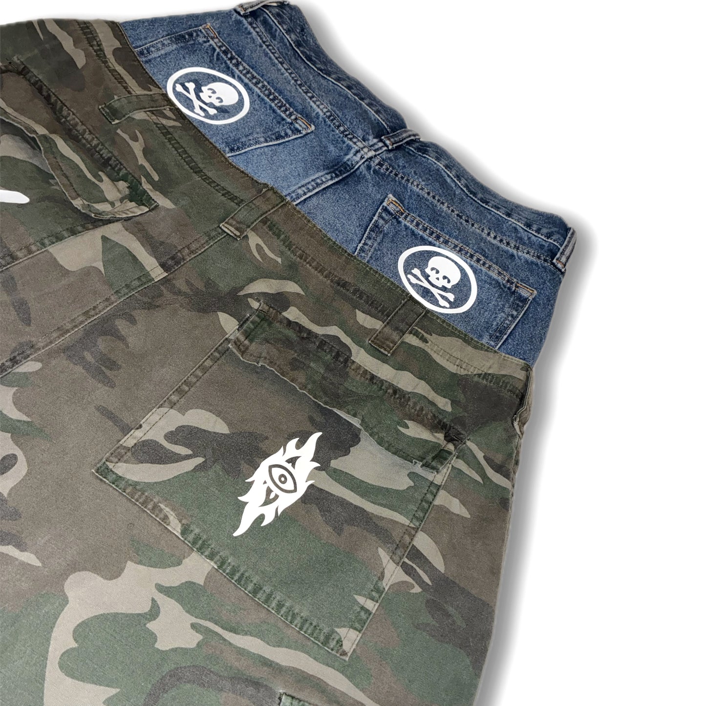 Burning Vision Upcycled Double-Waisted Denim/Camo Cargo Shorts