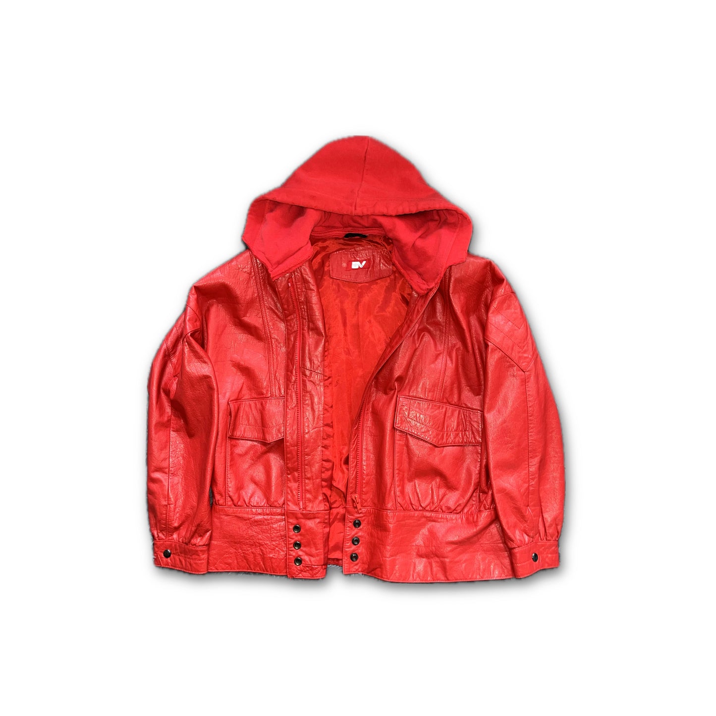 BV Red Hooded Reworked Leather Jacket